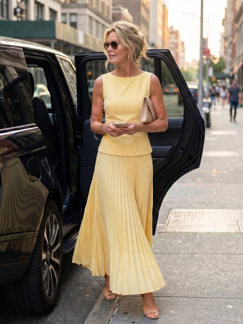 Pink structured bodice top and matching pleated maxi skirt, an elegant women's two-piece ensemble.