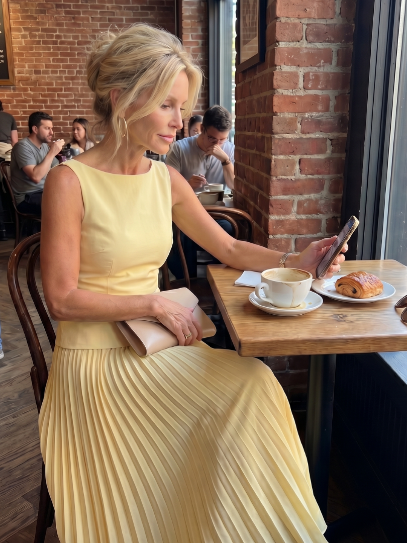 Sky blue women's two-piece set: structured sleeveless top and a beautiful pleated maxi skirt.