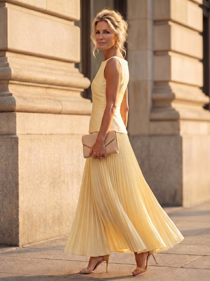 Black women's two-piece set: sleeveless structured bodice and flowing pleated maxi skirt for events.