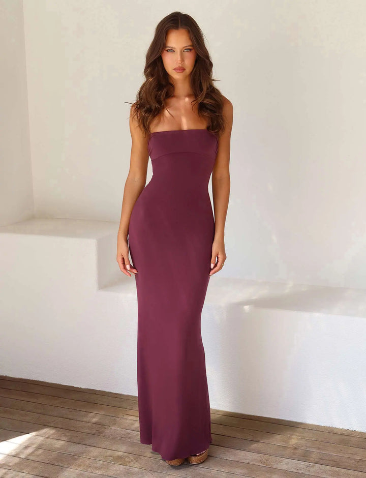 Stunning Zest Hour backless bandeau dress, a sophisticated strapless maxi gown for women.