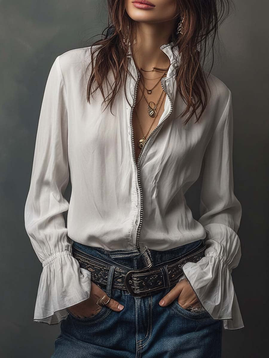 Women's zip-front blouse with elegant bell cuffs, perfect for office or casual chic.