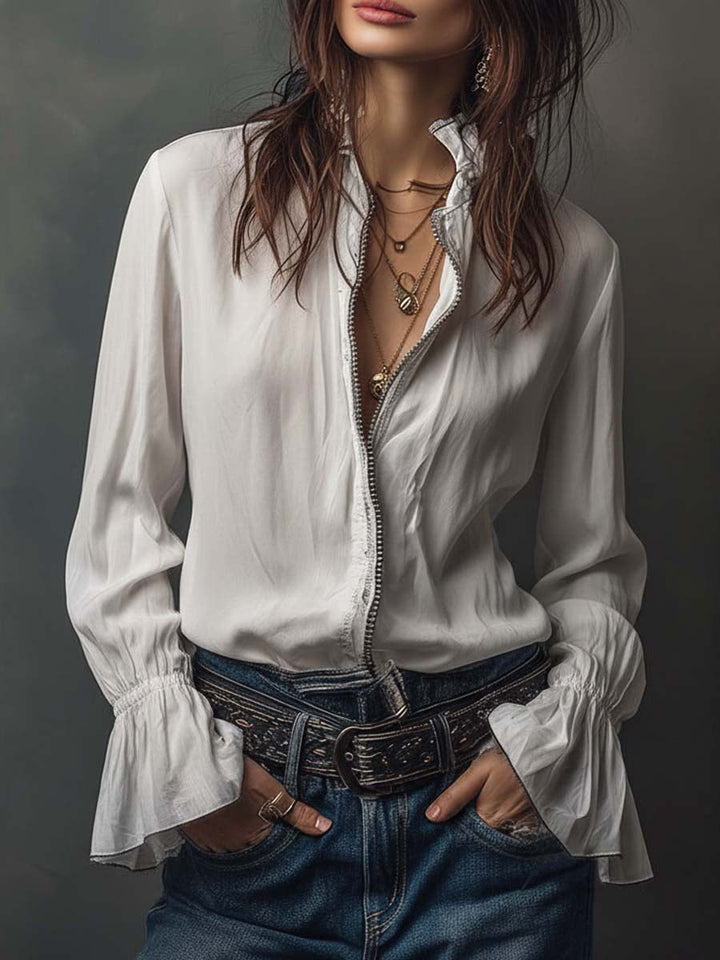 Women's zip-front blouse with elegant bell cuffs, perfect for office or casual chic.