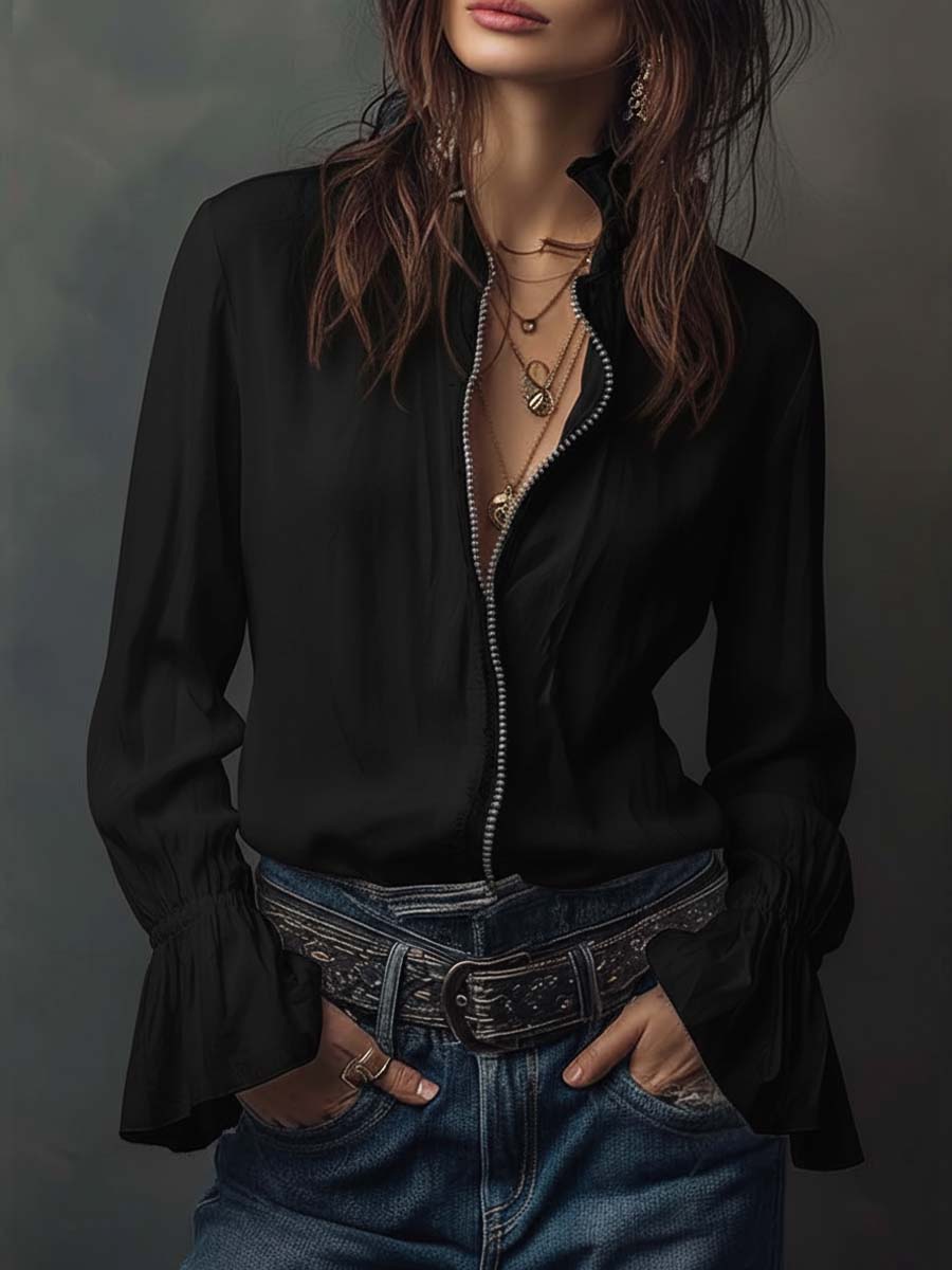 Premium women's zip-front top with elegant bell cuffs, ideal for versatile styling.