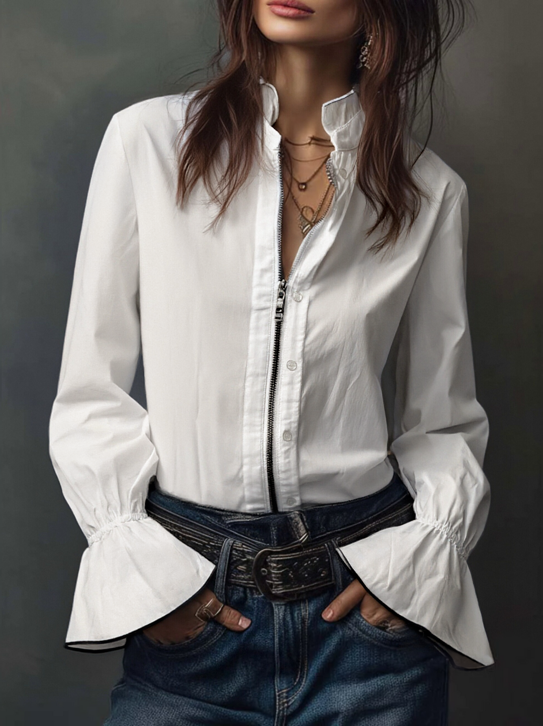 Versatile women's long-sleeve zip-front blouse, great for work or everyday style.