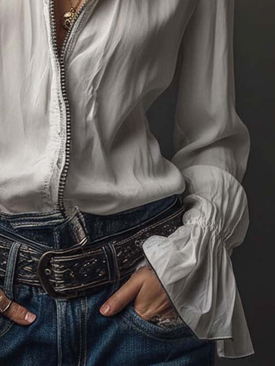 Chic women's zip-front blouse for office wear, featuring stylish bell cuffs.