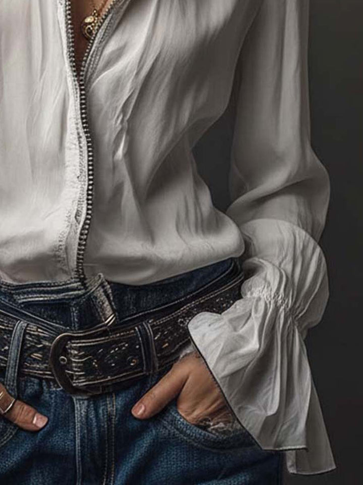 Chic women's zip-front blouse for office wear, featuring stylish bell cuffs.