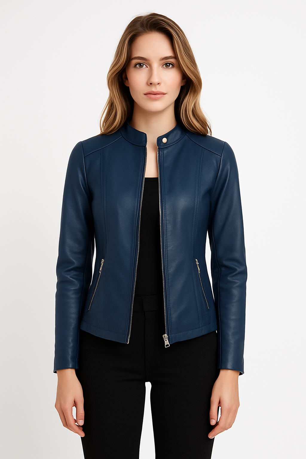 Women's zip-front moto jacket, tailored for a chic fit, perfect for adding stylish flair to any outfit.