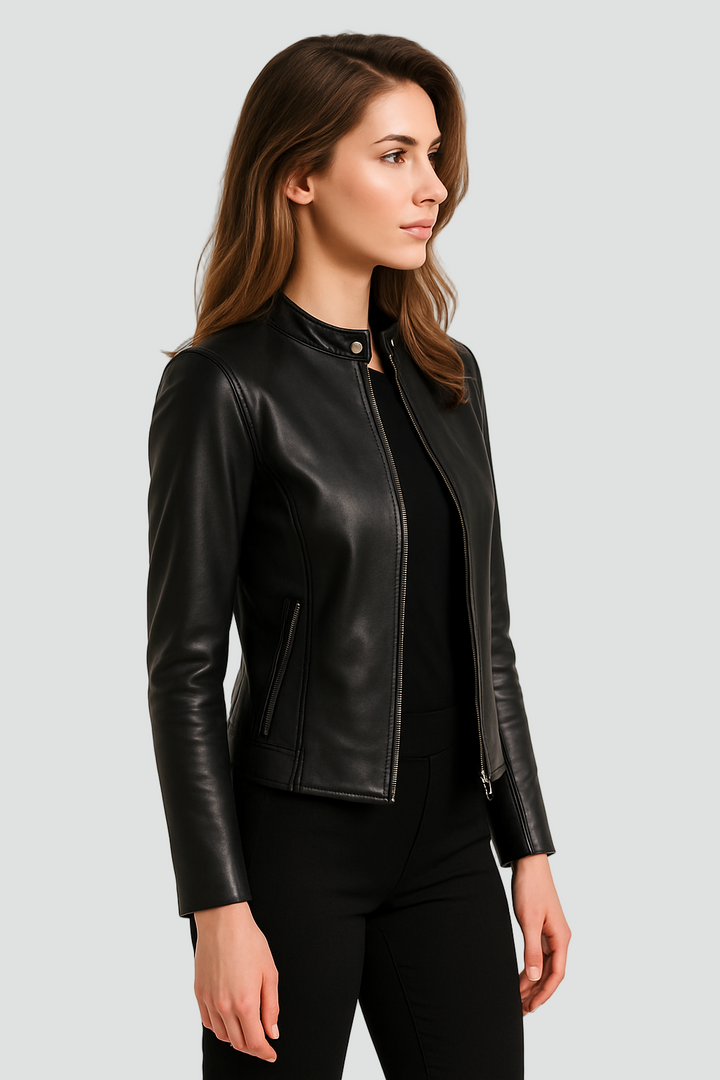 Stylish women's zip-front moto jacket, perfect for day or evening wear. Tailored, modern fit.
