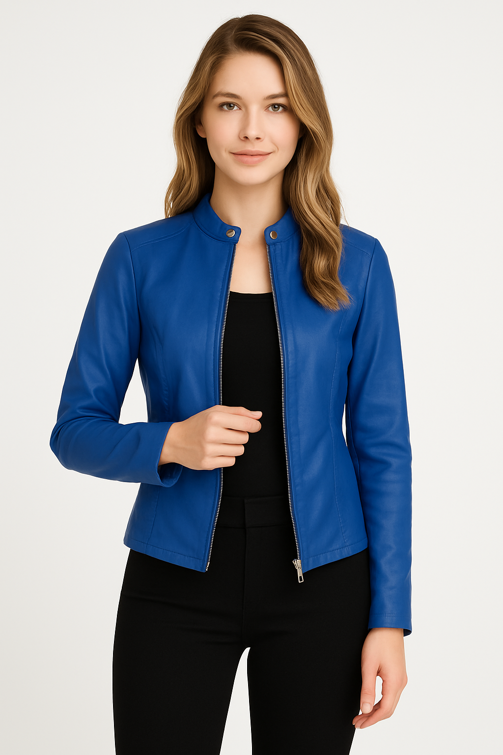 Fashionable women's zip-front moto jacket, sleek design with a tailored fit. Ideal for outerwear.
