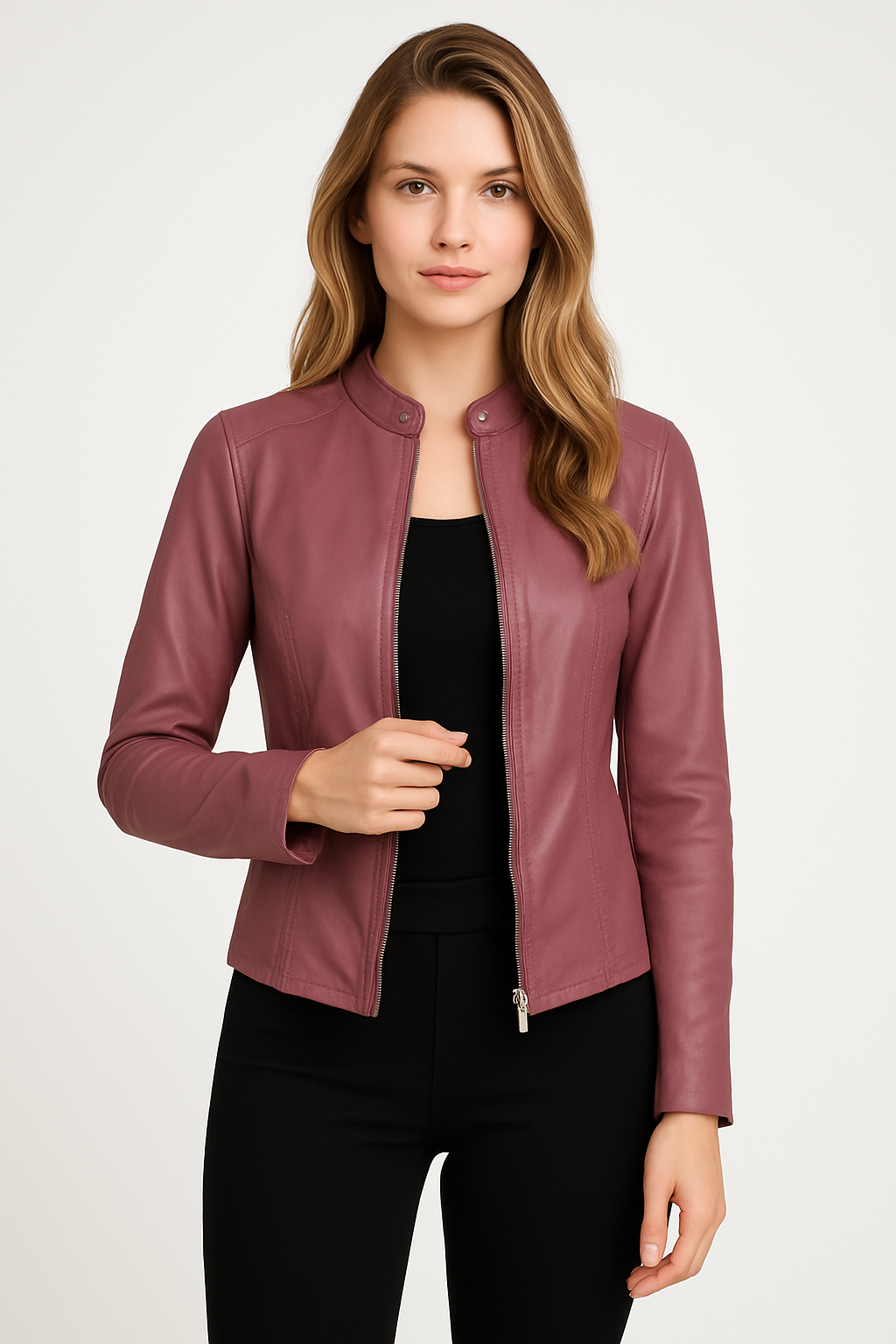 Versatile women's zip-front moto jacket, great for casual, work, or evening wear. Tailored & chic.