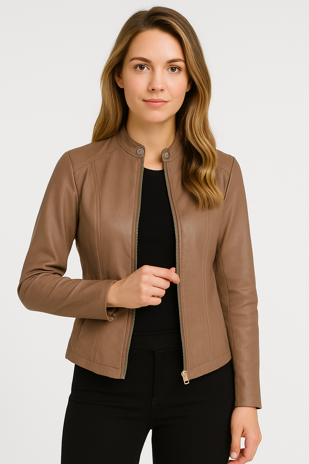 Sleek women's zip-front moto jacket, tailored for a flattering fit. Stylish and versatile outerwear.