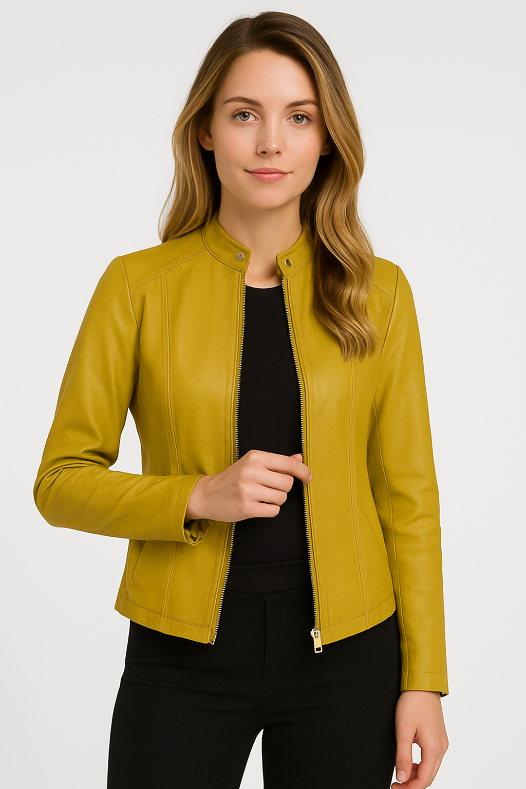 Classic women's zip-front moto jacket, tailored for a chic, modern look. Perfect for day-to-night fashion.