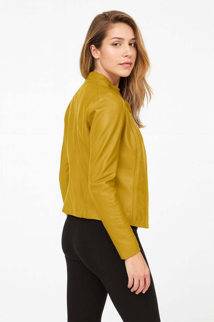 Edgy yet elegant women's zip-front moto jacket, tailored fit for a stylish statement. Versatile outerwear.