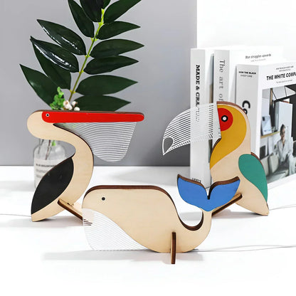 Wooden animal LED night light table lamp for kids' bedroom. USB powered nursery decor.