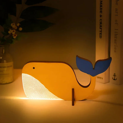 USB powered wooden animal table lamp, an ideal LED night light for a child's room or nursery.