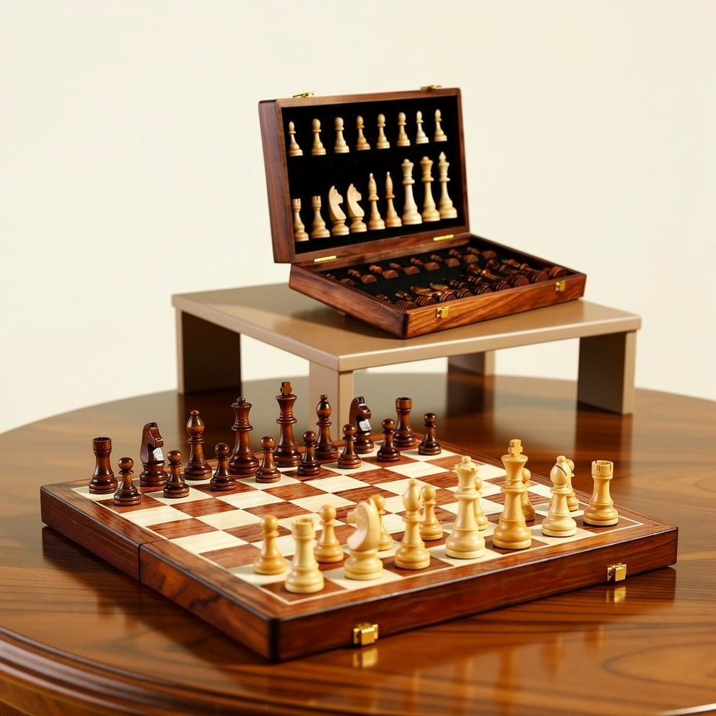 Wooden chess set with foldable board & carved pieces, perfect for strategy games and portable fun.