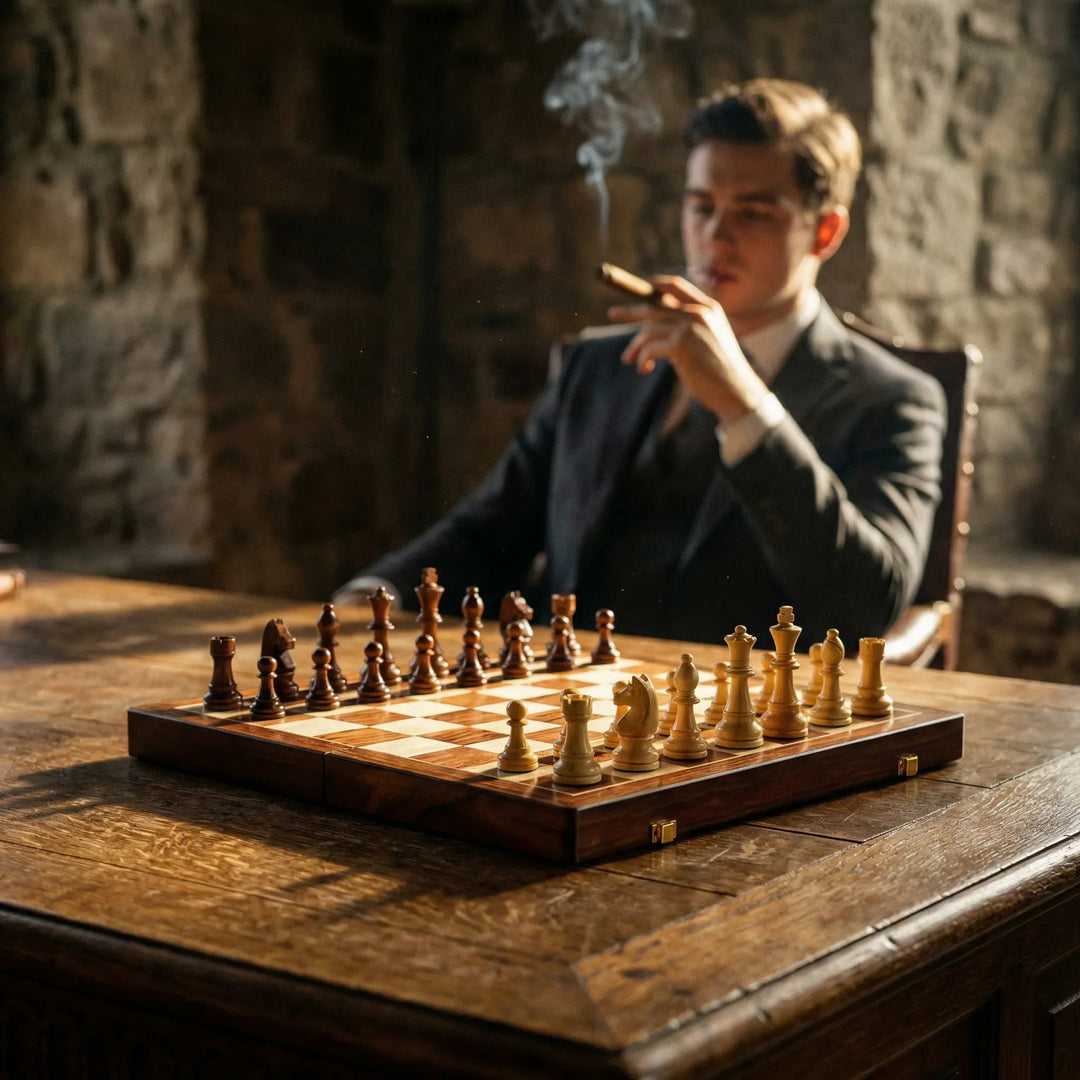 Portable wooden chess set; foldable board with stored pieces for travel, family fun, or on-the-go play.