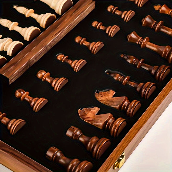 Classic wooden chess set, a timeless strategy game & perfect gift. Features a durable, foldable board & carved pieces.