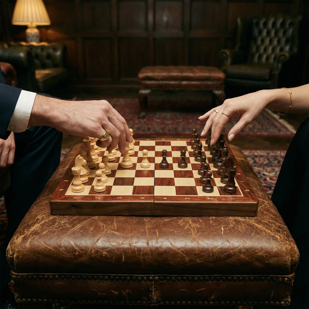 Handcrafted wooden chess set with detailed pieces & durable foldable board. Ideal for all ages & wood craftsmanship enthusiasts.