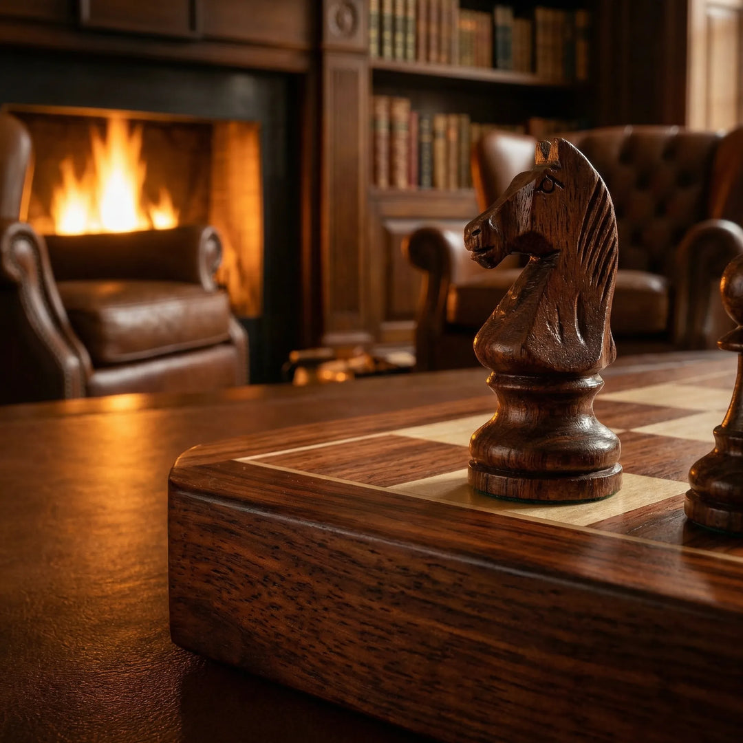 Compact foldable wooden chess board, pieces stored neatly inside, ideal for travel and convenient storage.