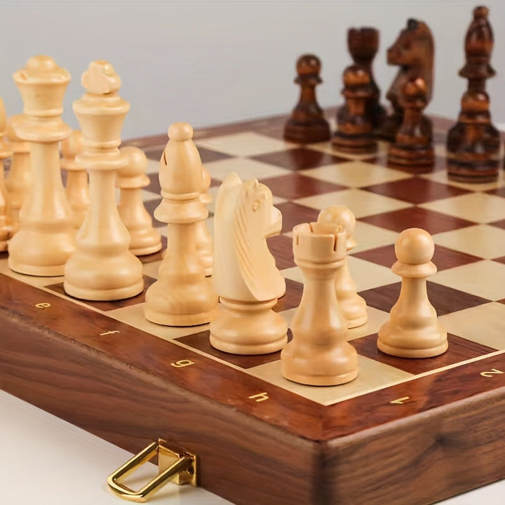 High-quality wooden chess set with a durable, foldable board and classic carved pieces for an engaging strategy game.