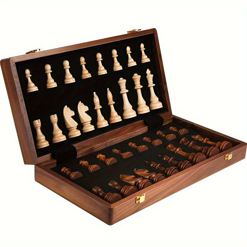 Beautiful wooden chess set, featuring a convenient foldable board, perfect for family game nights and strategy challenges.