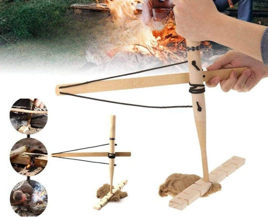 Wooden friction fire starter kit for outdoor survival, camping, hiking, and bushcraft.