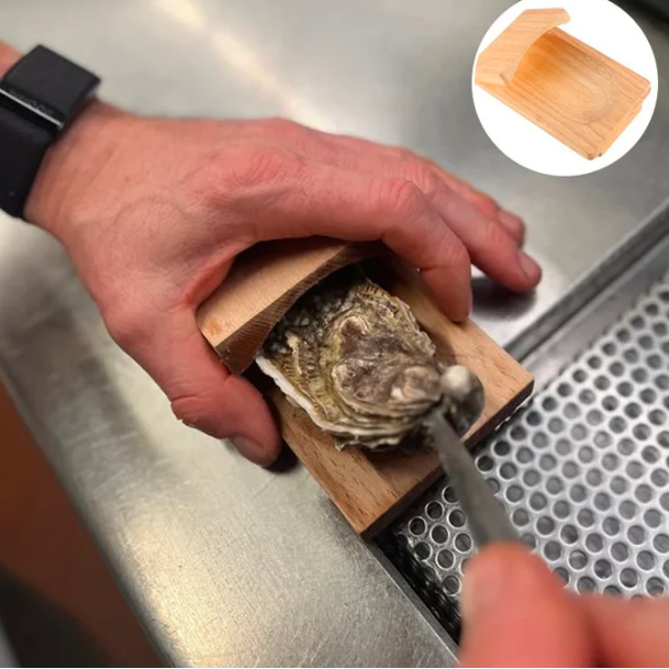Professional-grade wooden oyster shucking clamp for secure, easy, & safe seafood shucking.