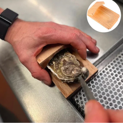 Professional-grade wooden oyster shucking clamp for secure, easy, & safe seafood shucking.