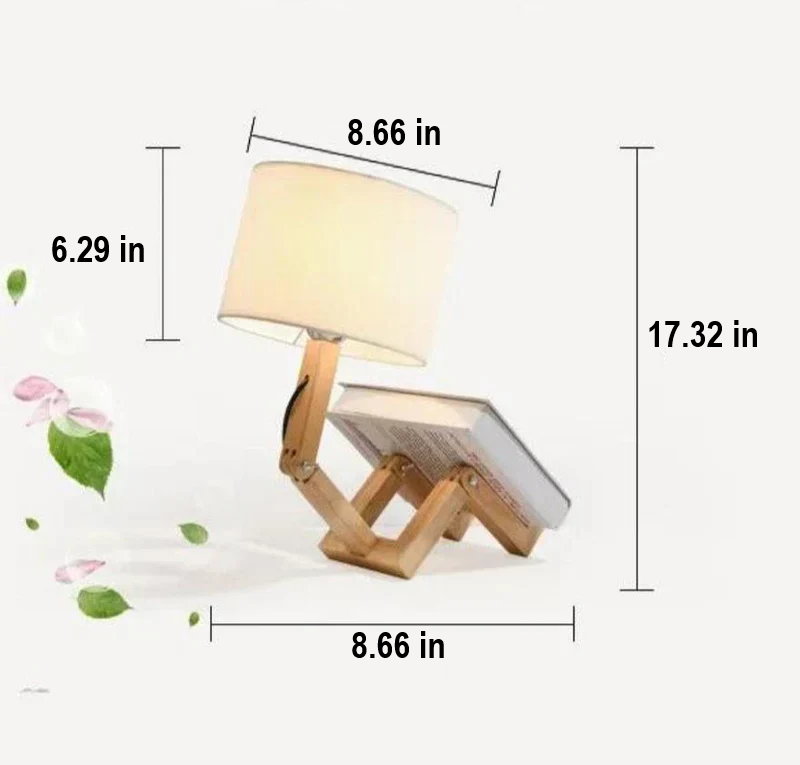 Articulated wooden robot table lamp, a charming desk accessory with a functional book holder and unique lighting.