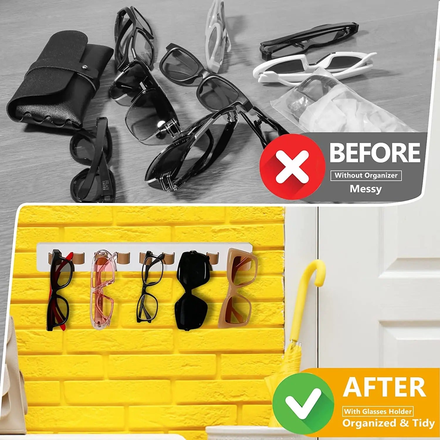 Elegant wooden glasses rack with multiple slots and sturdy leather hanging straps for wall display.