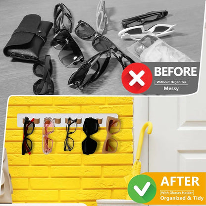 Elegant wooden glasses rack with multiple slots and sturdy leather hanging straps for wall display.