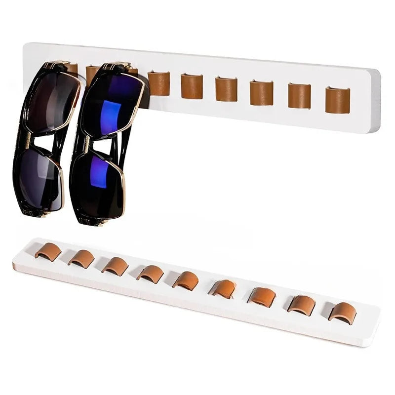 Premium wooden glasses rack, wall-mounted for stylish sunglasses & eyeglasses organization and decor.