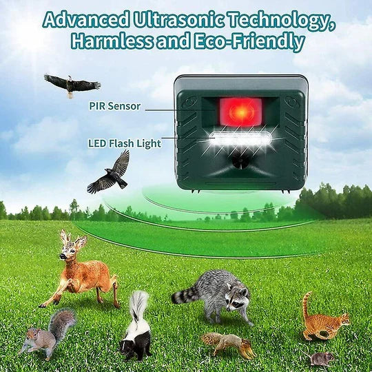 Solar-powered ultrasonic woodpecker repeller securing garden. Effective bird control & property defense.