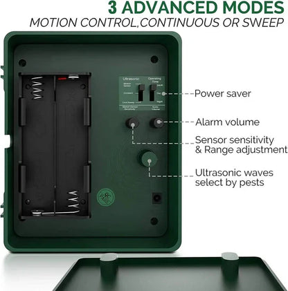 Outdoor woodpecker repeller protecting home. Ultrasonic device for humane bird & pest control.