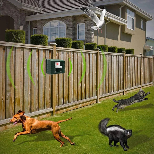 All-weather ultrasonic woodpecker repeller for continuous bird control. Outdoor garden & property defense.