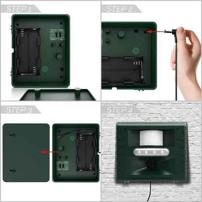 Easy-install woodpecker ultrasonic repeller staked in ground. Effective outdoor bird & wildlife control.