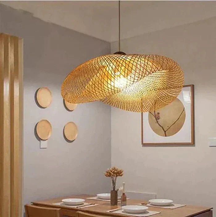 Woven rattan pendant light, ideal for natural home decor & eco-friendly living.