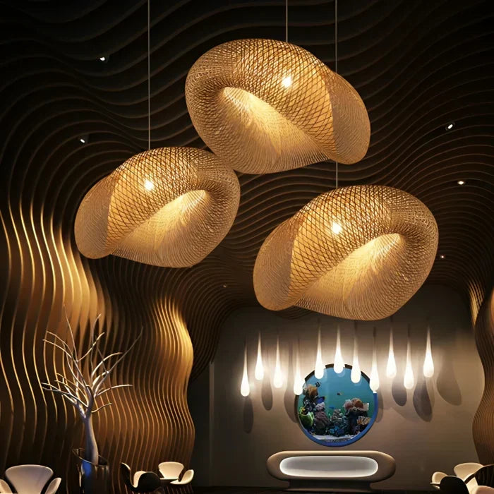 Modern rustic woven rattan pendant, handmade for natural home decor & stylish lighting solutions.