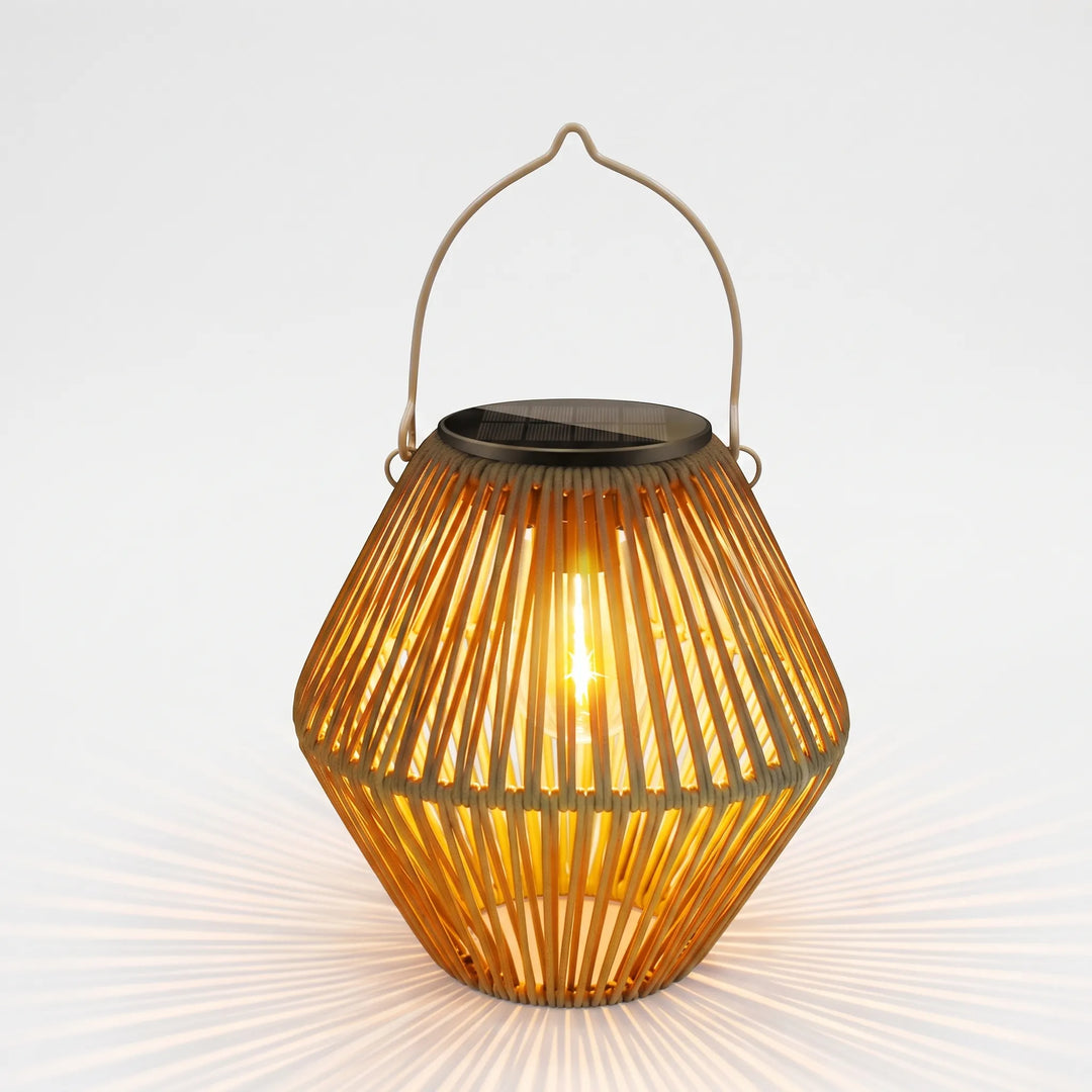 Solar-powered woven outdoor lantern providing warm ambient light, ideal for garden and patio decorative lighting.
