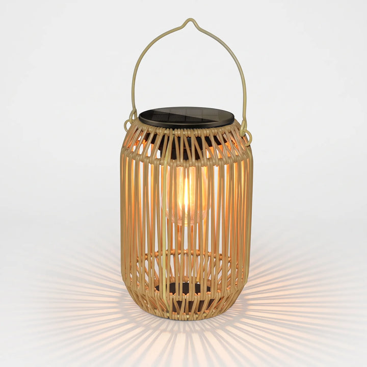 Bamboo-style woven solar lantern, weatherproof for outdoor patio & garden decor, providing ambient light.