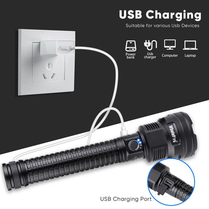Outdoor gear XHP90 flashlight, water resistant, bright LED, conveniently USB charged