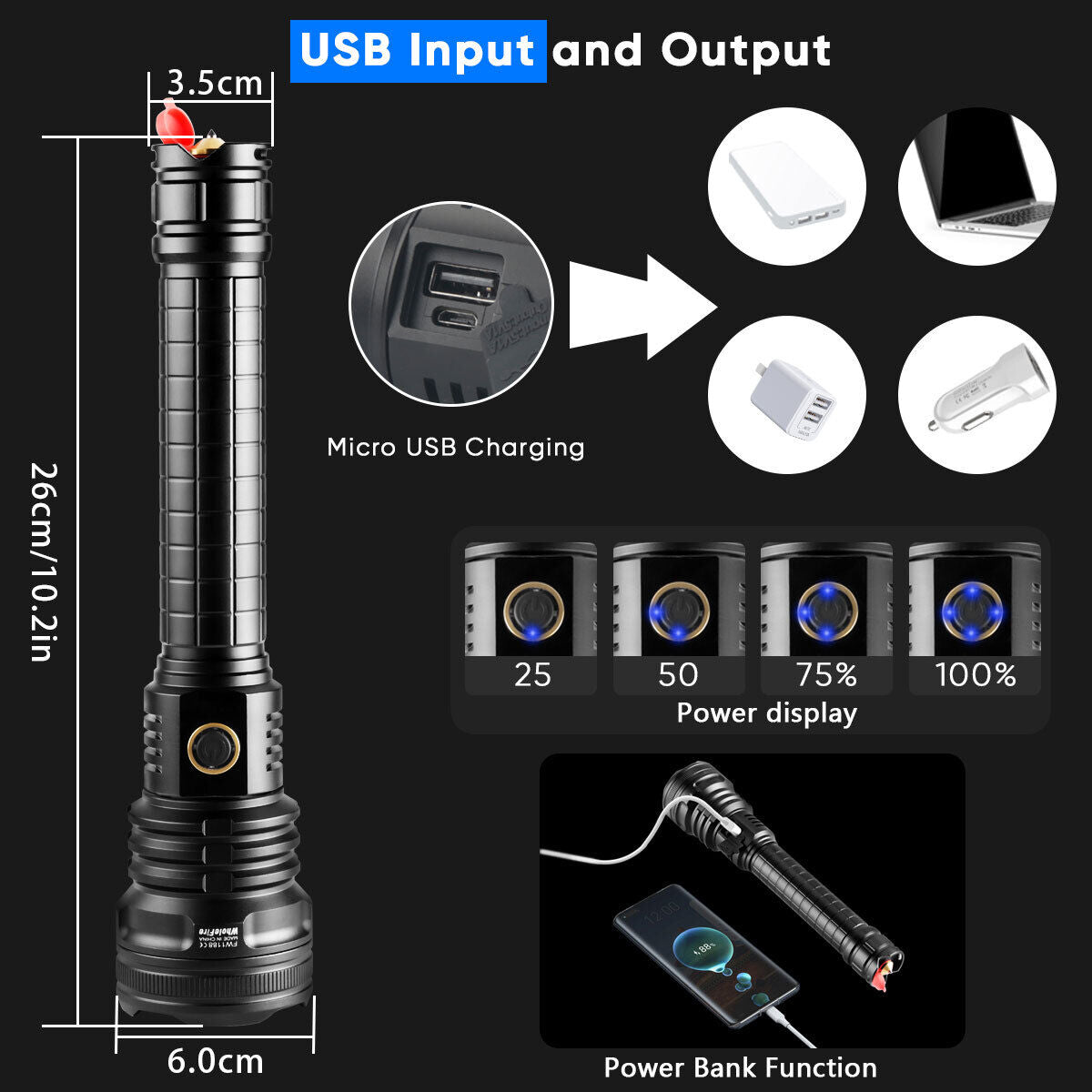 USB rechargeable XHP90 tactical flashlight, robust design for outdoor adventures