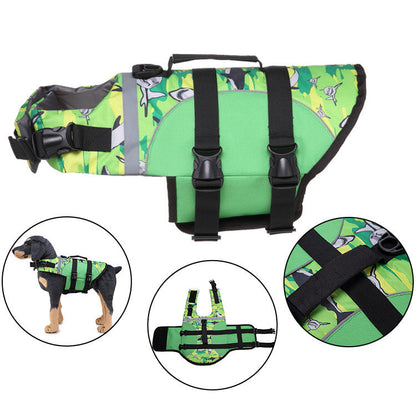 Close-up of an orange crab dog life vest, detailing buckles and handle design