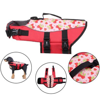 Happy dog in a cute crocodile life vest, safely floating in a river, pet gear