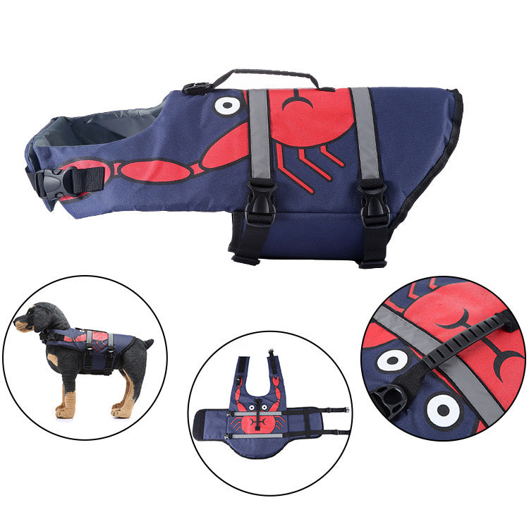 Dog wearing a colorful fish life vest, splashing in the ocean, pet water safety
