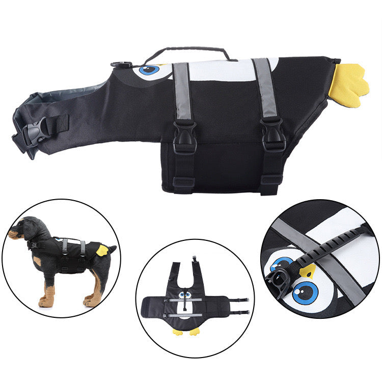 Dog life vest with playful duck design, durable pet gear for water safety, bright yellow