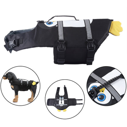 Dog life vest with playful duck design, durable pet gear for water safety, bright yellow