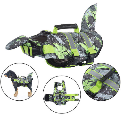 Shark-themed dog life vest, secure fit and handle for pet water rescue, blue