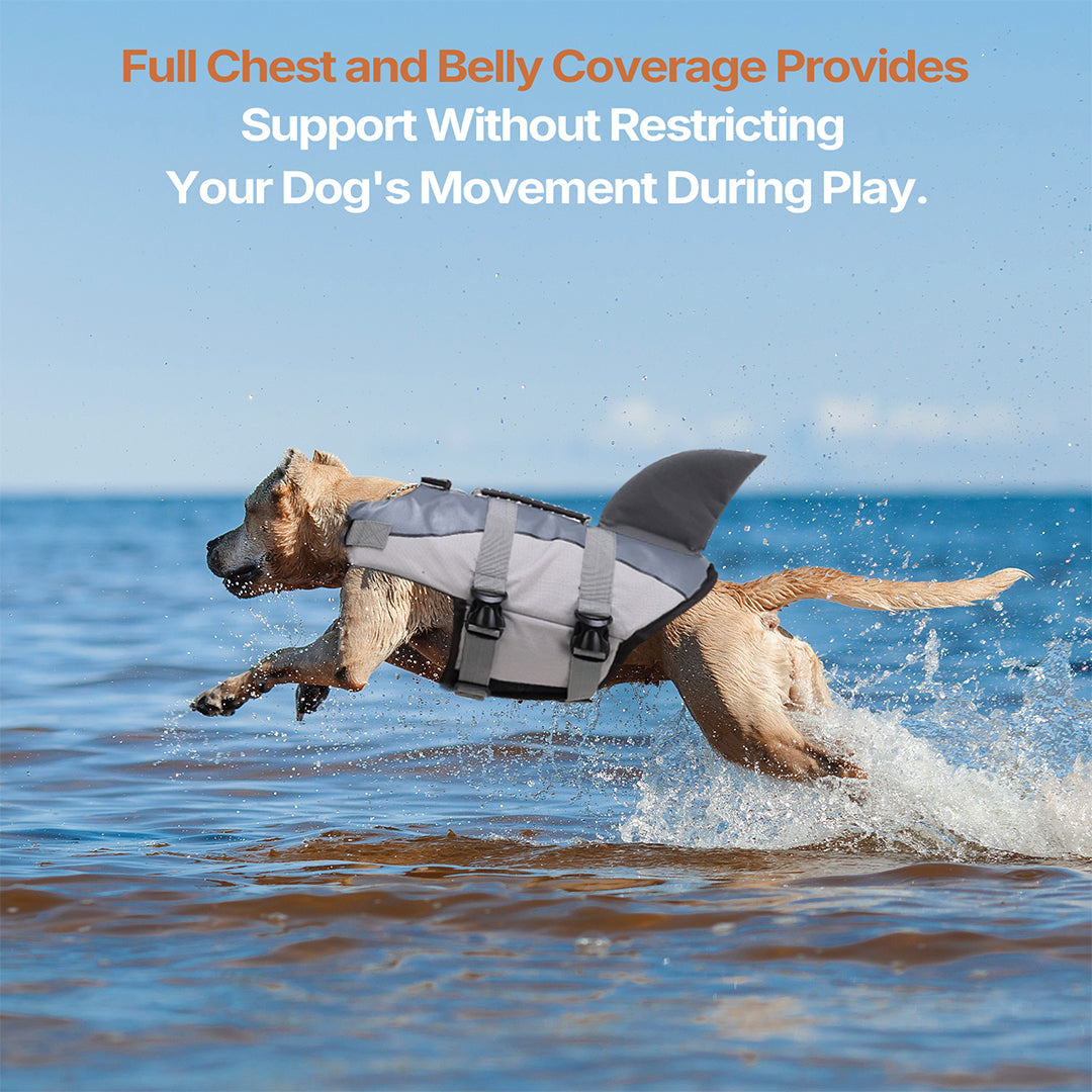 Blue shark dog life vest, flotation vest for water safety, pet gear for swimming